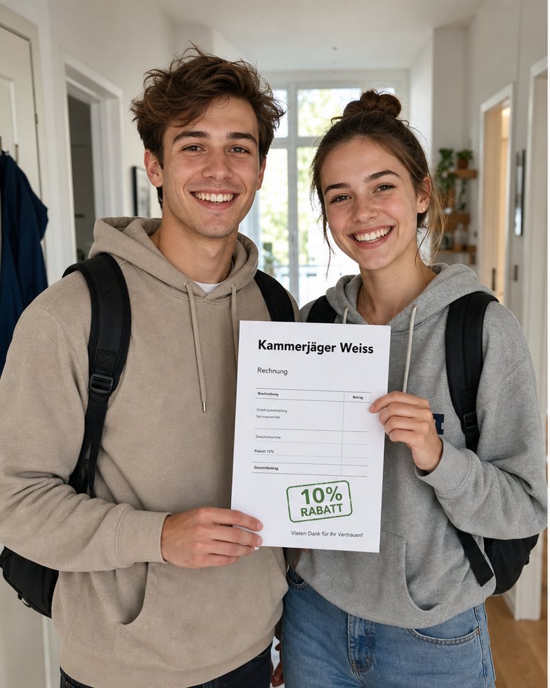Glückliche Studenten mit Kammerjäger Neumann Rechnung und 10 Prozent Rabatt